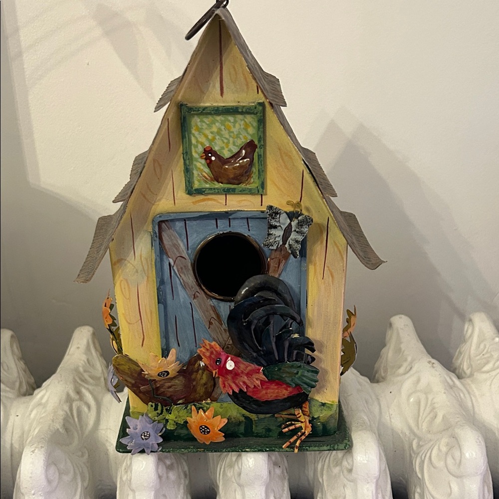 Colorful Metal Birdhouse with Rooster Design